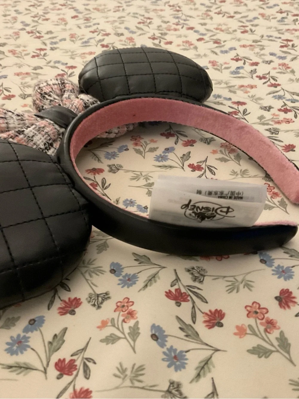Disney Black Quilted Pearl Minnie Ear Headband with Pink Plaid Bow